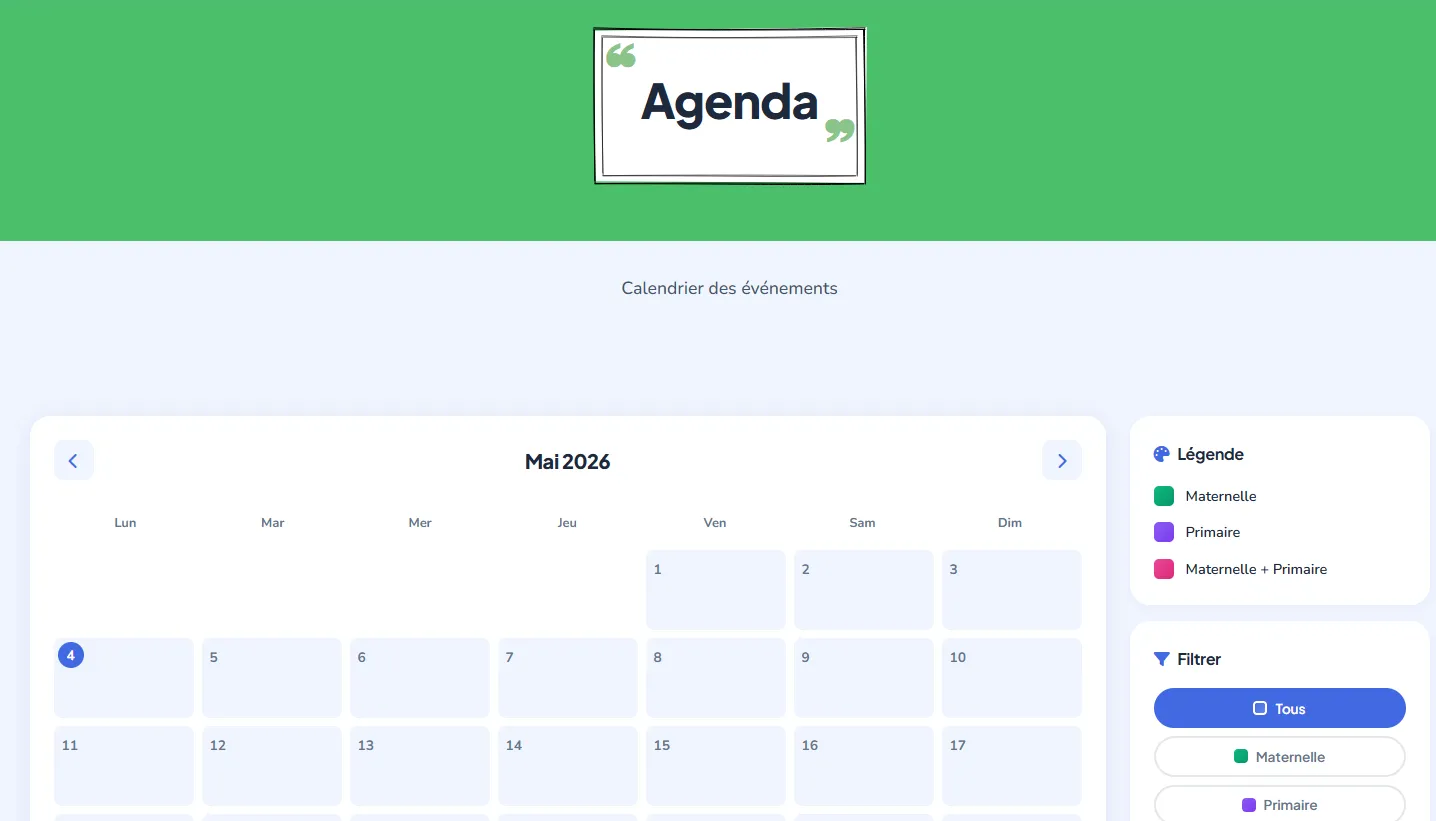 Agenda scolaire avec flux iCal et boutons abonnement Google Calendar et Apple Calendar