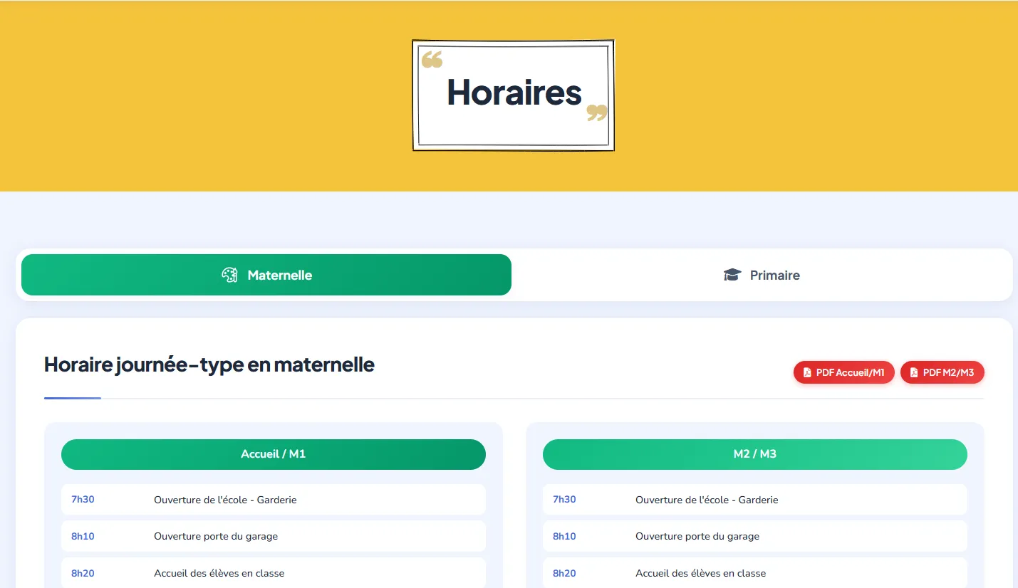 Page des horaires des classes maternelles et primaires