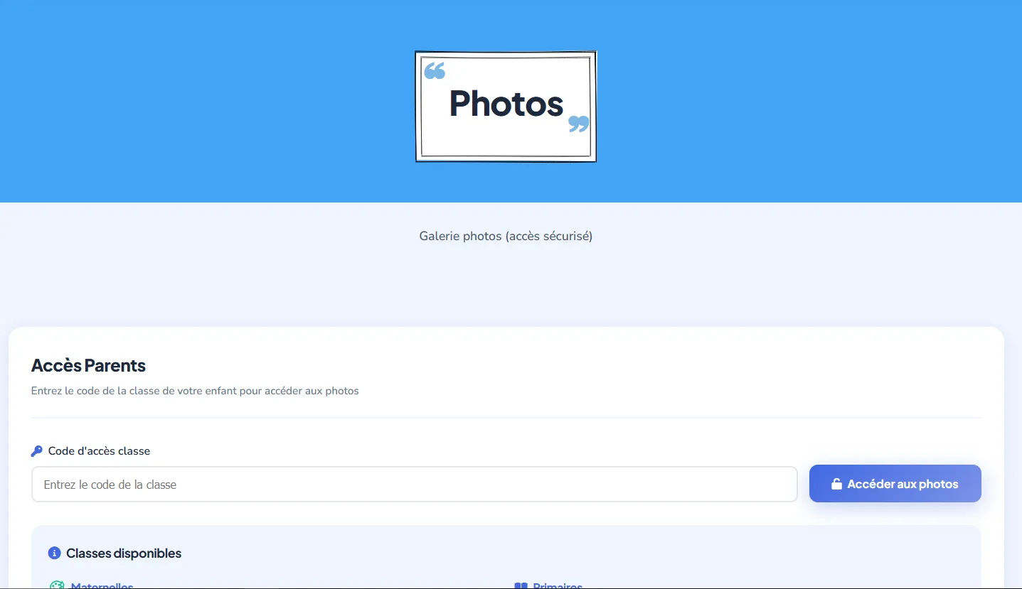 Galerie photos sécurisée par classe avec code d'accès et expiration de session